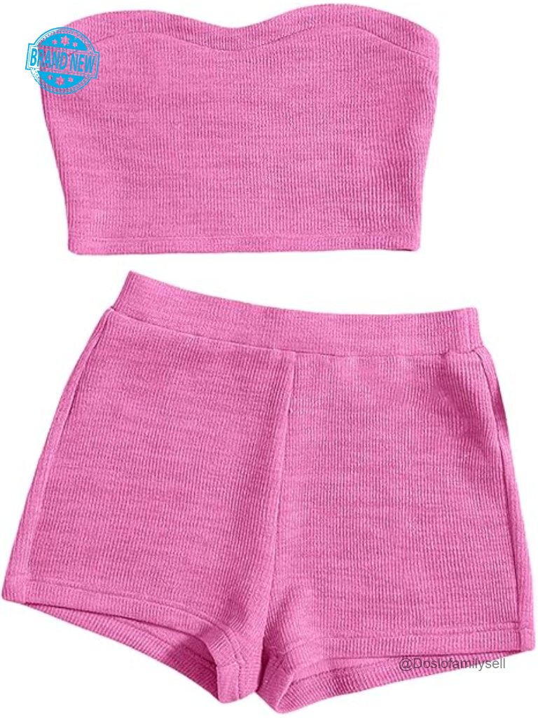 Knitted 2 Piece Outfit Ribbed Crop Top Sleeveless Bandeau Tube Tops And Track
